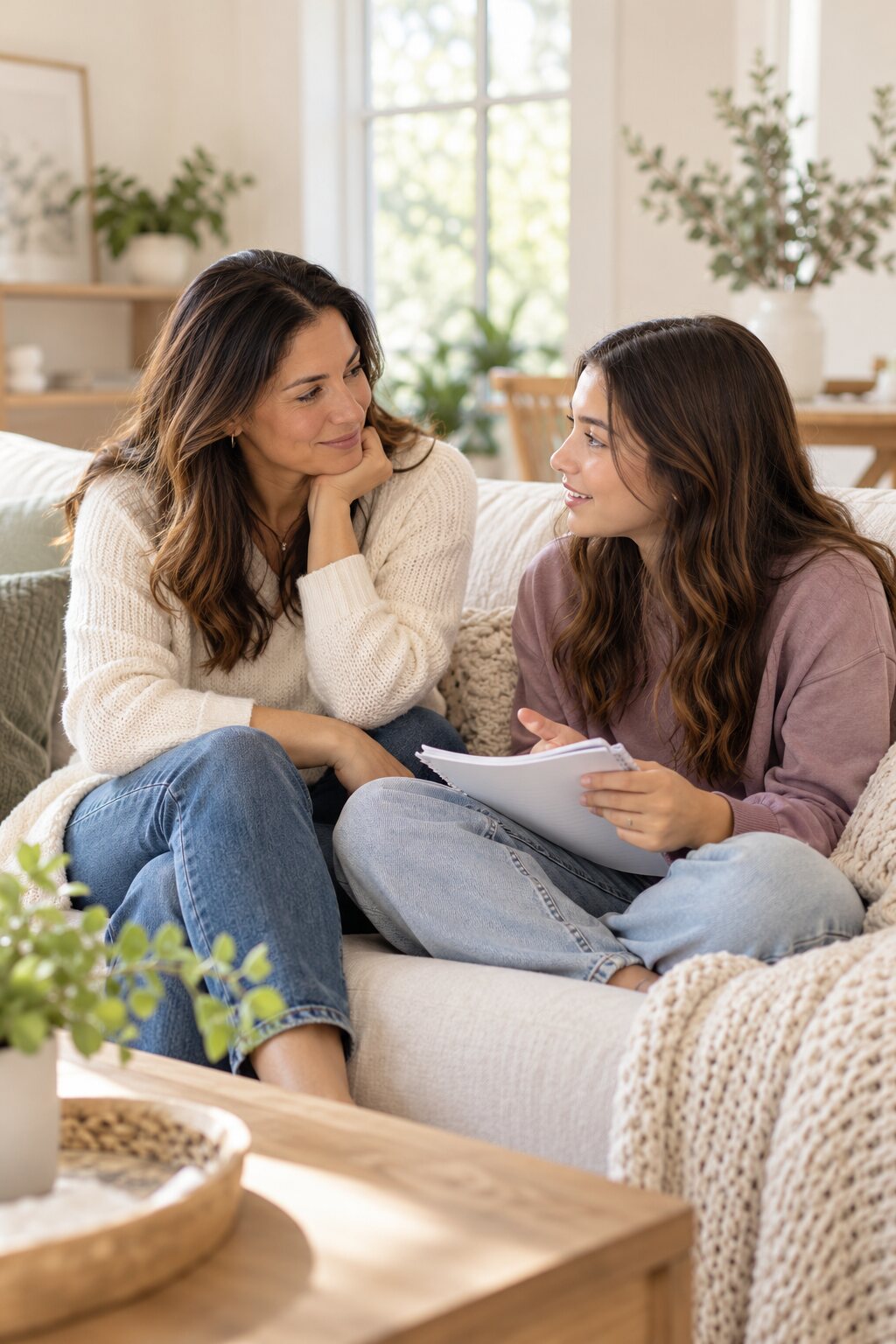A parent listening warmly as a teenager talks through a notebook at home