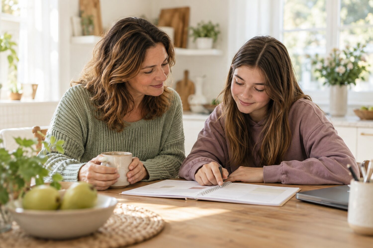 A parent and teenager looking through a support guide together at a kitchen table